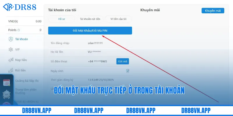 Đổi mật khẩu trực tiếp ở trong tài khoản